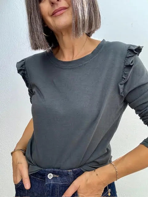 Camiseta Volante Hombro Gris