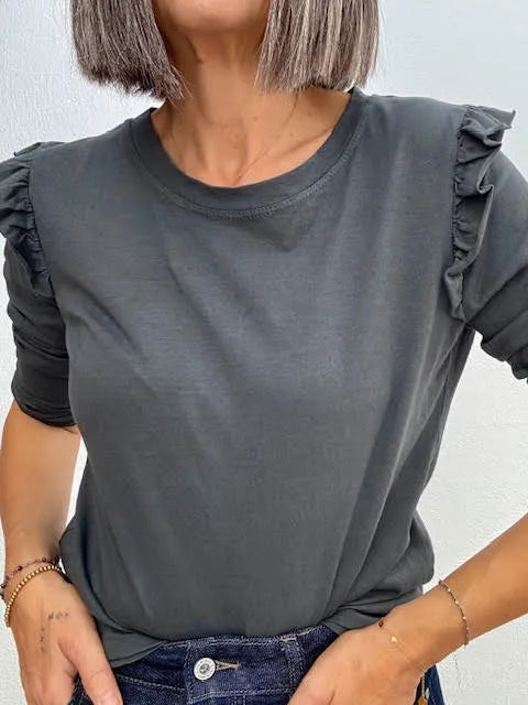 Camiseta Volante Hombro Gris