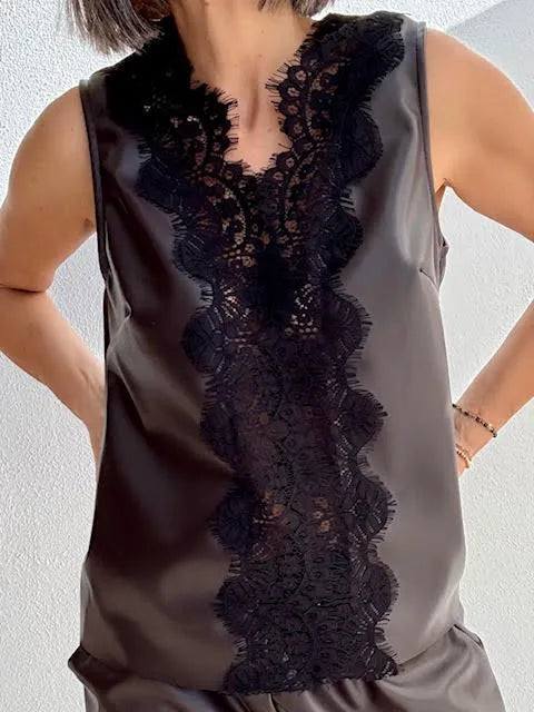 Top Efecto Piel Con Blonda