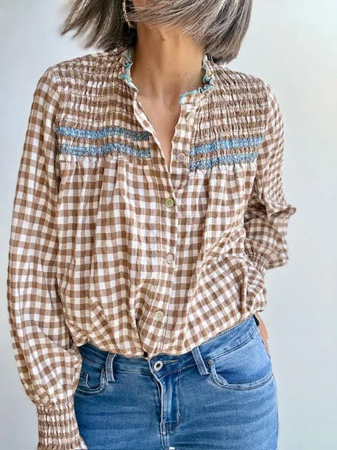 Blusa Vichy Camel con Fruncido