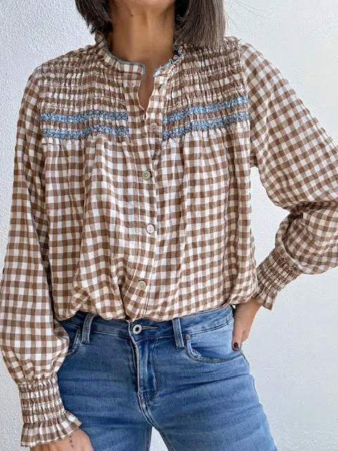 Blusa Vichy Camel con Fruncido