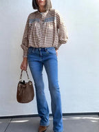 Blusa Vichy Camel con Fruncido