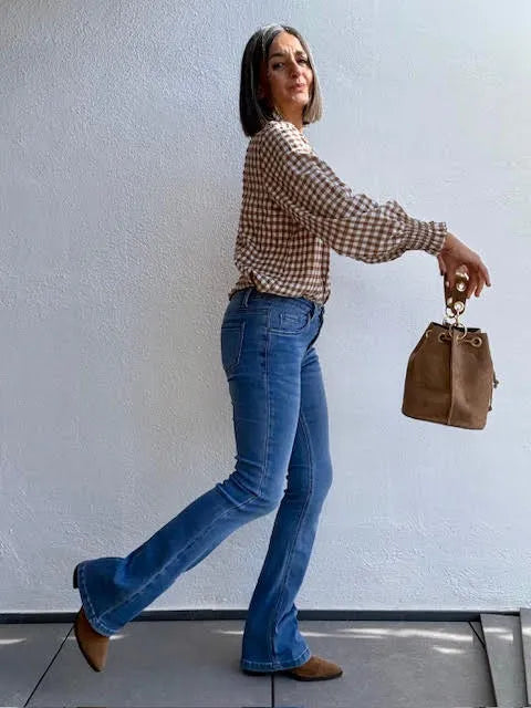 Blusa Vichy Camel con Fruncido