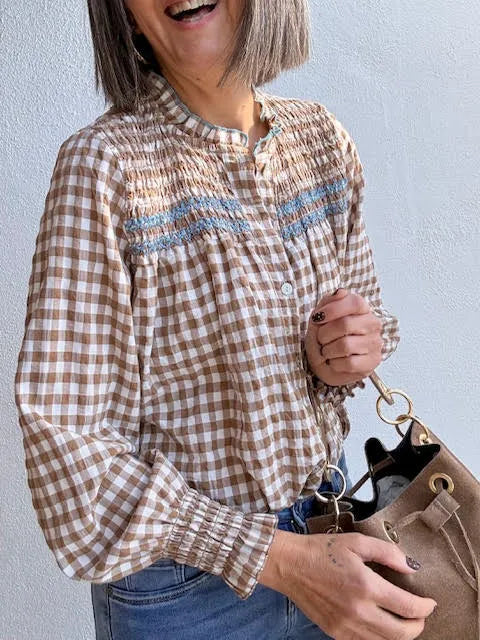 Blusa Vichy Camel con Fruncido