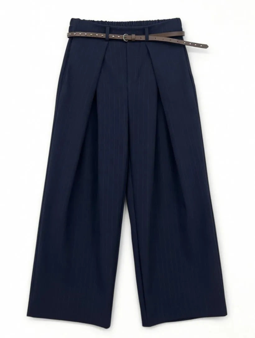 Pantalones Wide Leg con Raya Satinada Azul Marino