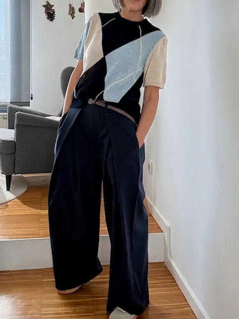 Pantalones Wide Leg con Raya Satinada Azul Marino