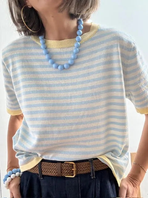 Jersey Rayas Celeste y Blanco con Detalle Amarillo