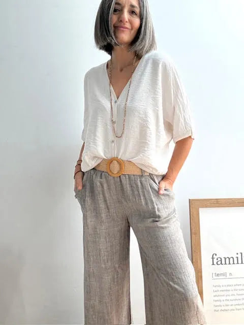 Pantalones Jaspeado con Cinturón Taupe