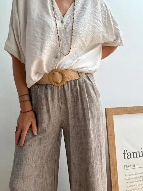 Pantalones Jaspeado con Cinturón Taupe