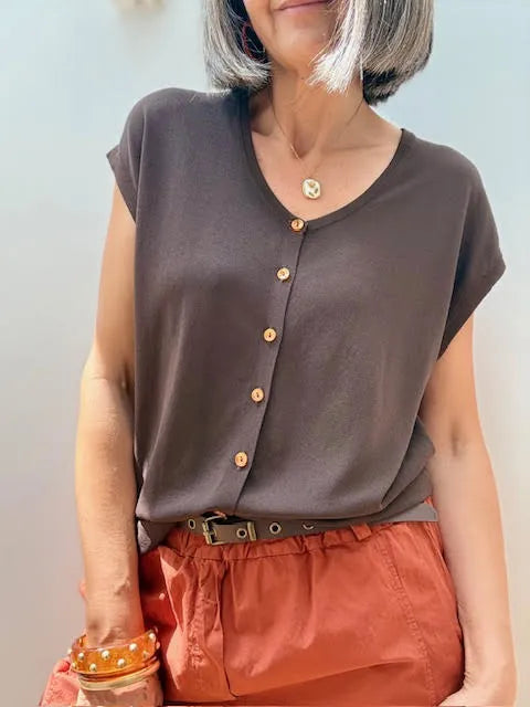 Jersey de Punto con Botones Marrón