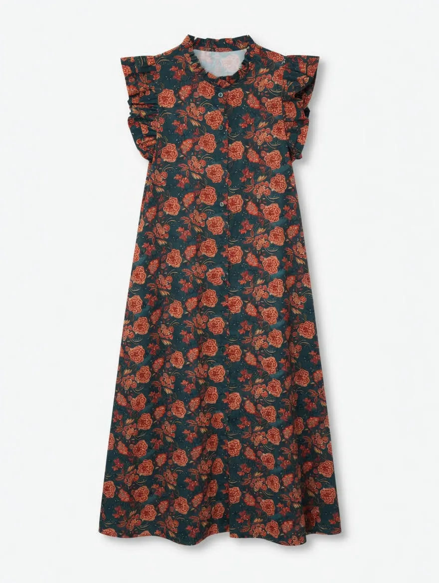 Vestido Midi Floral con Volantes Azul