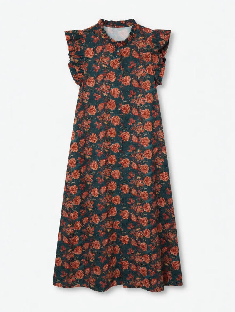 Vestido Midi Floral con Volantes Azul