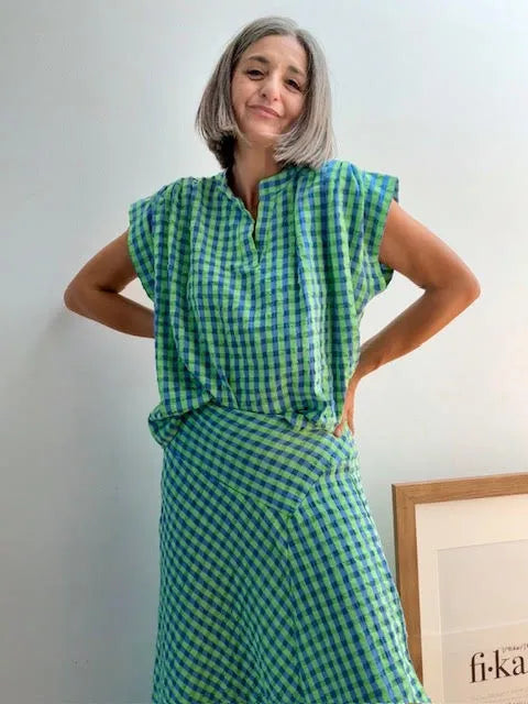 Falda Midi Cuadros Vichy Azul y Verde