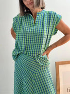 Blusa Cuadros Vichy Verde y Azul
