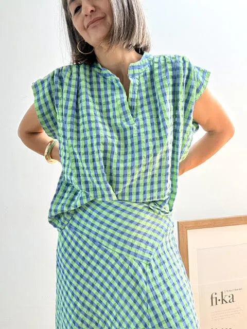 Blusa Cuadros Vichy Verde y Azul