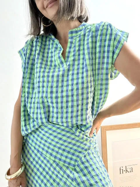 Blusa Cuadros Vichy Verde y Azul