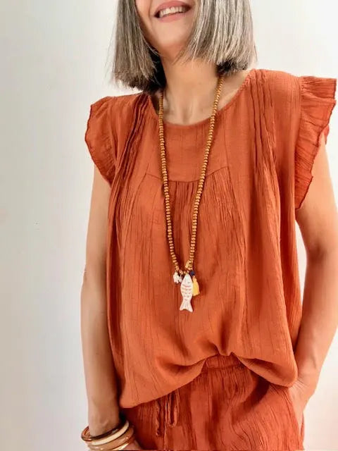 Blusa Volantes Crinkle Terracota