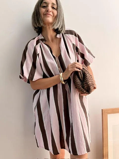 Vestido Corto Rayado Rosa y Marrón