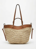Bolso Tote Croché Beige con Detalles en Piel Sintética Cuero