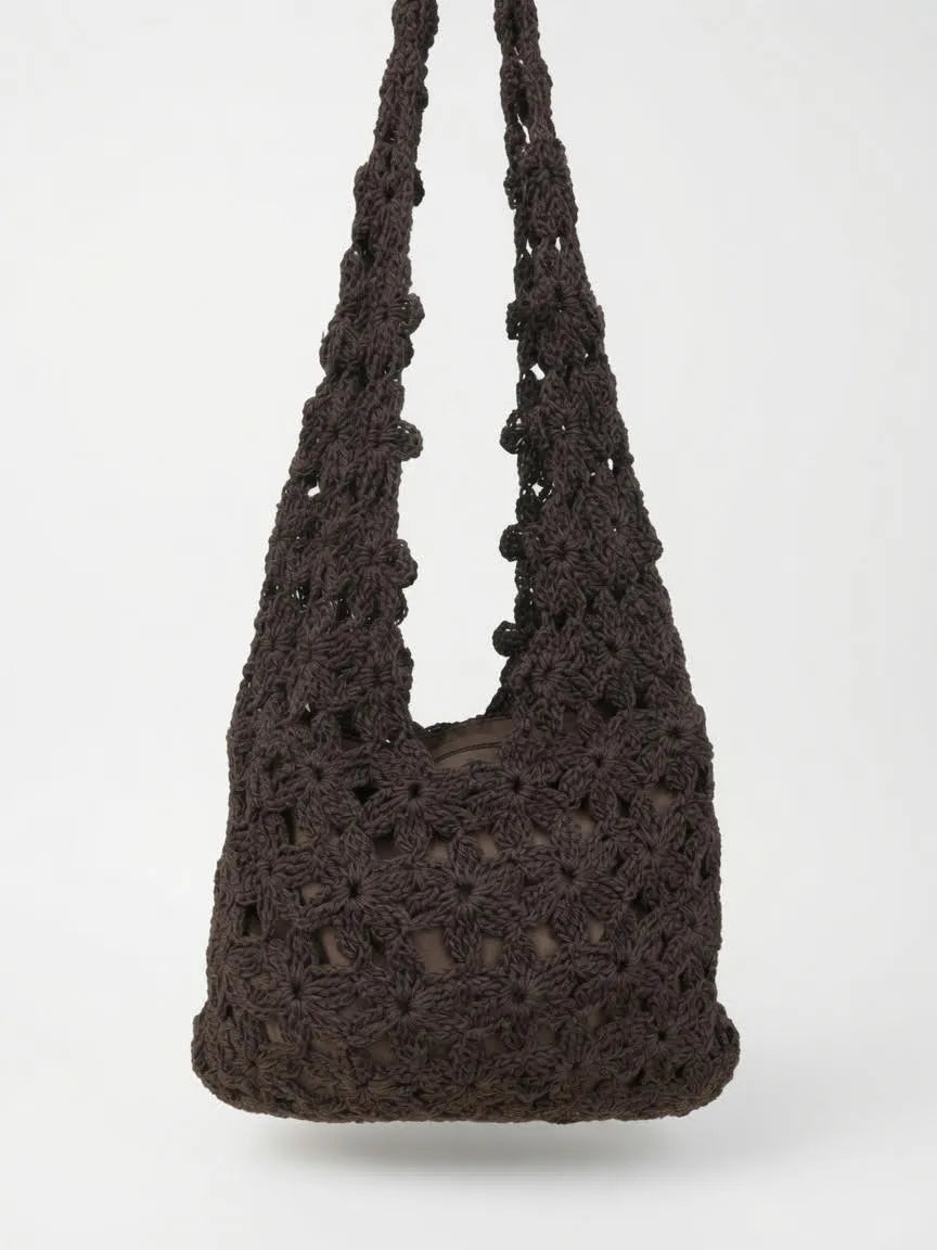 Bolso Hobo Croché Floral Marrón Chocolate