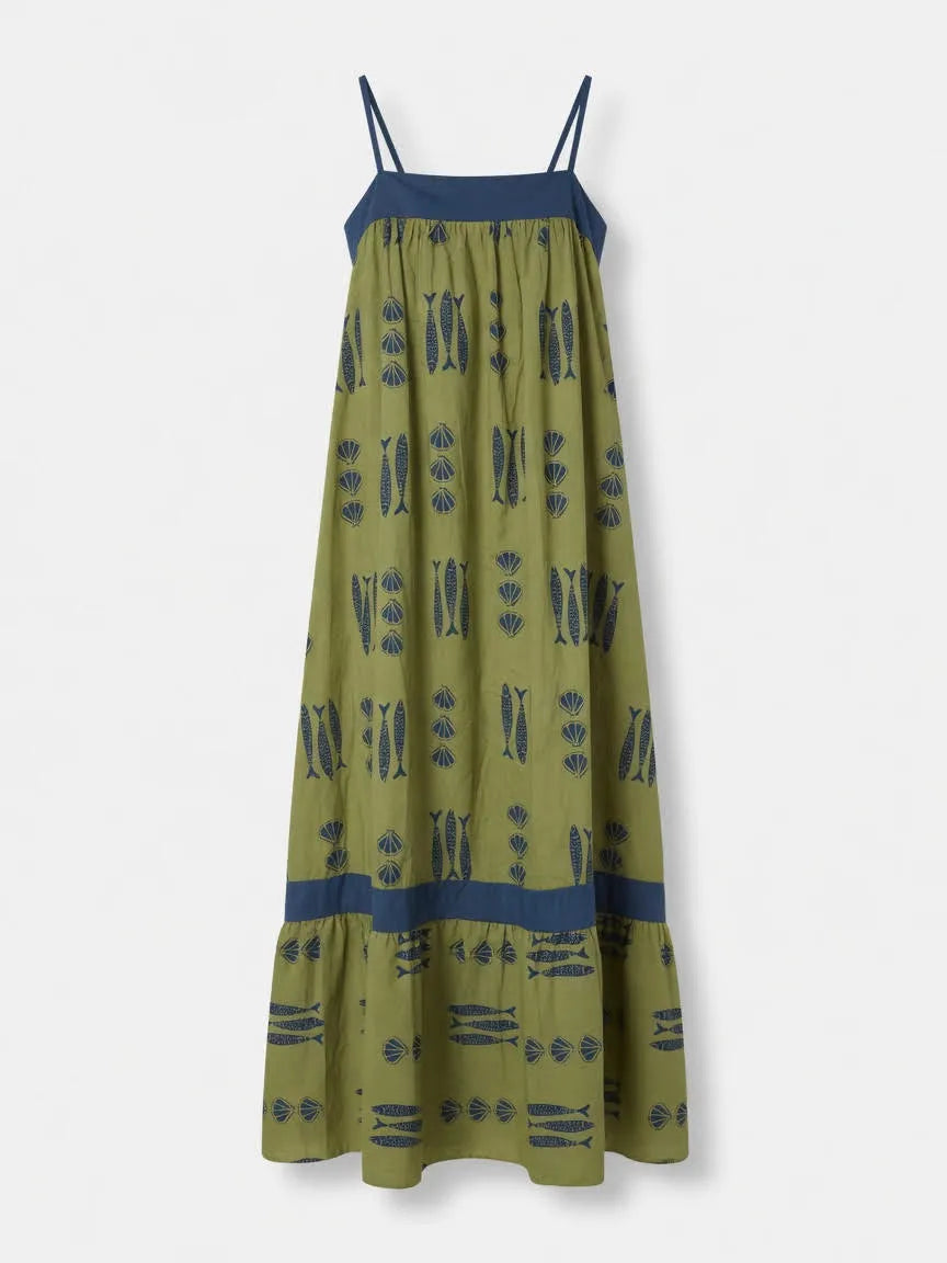 Vestido Largo Estampado Peces Verde