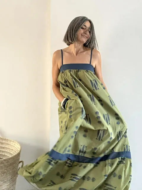 Vestido Largo Estampado Peces Verde