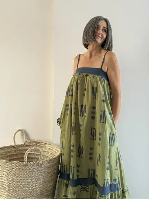 Vestido Largo Estampado Peces Verde