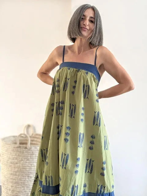 Vestido Largo Estampado Peces Verde