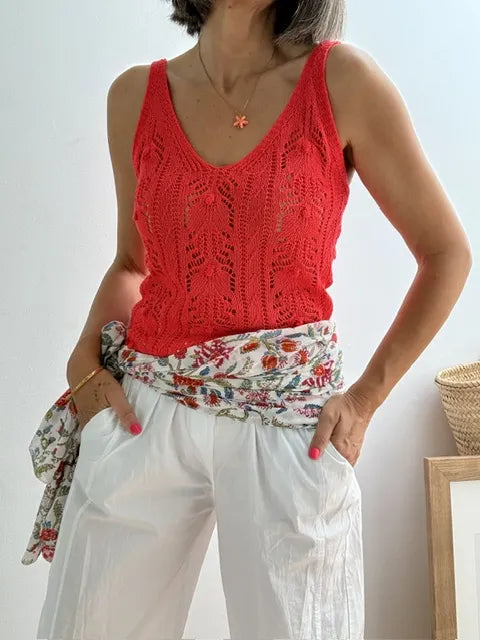 Top de Punto Calado Rojo Fluor