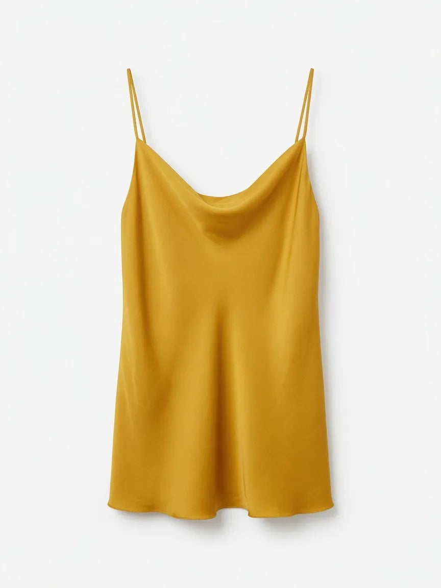 Top Satinado Escote Cortina Ocre