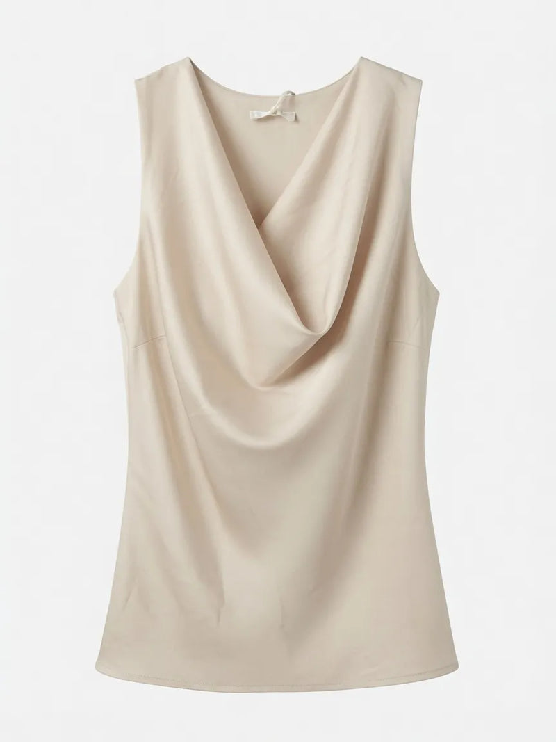 Top Satinado con Escote Drapeado Beige