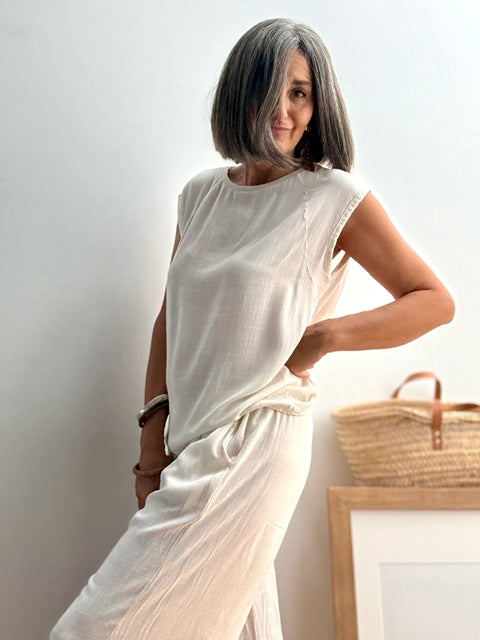 Pantalón Bombacho Fluido  de Viscosa Crema