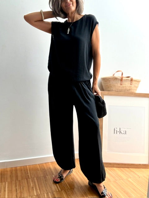 Pantalón Bombacho Fluido de Viscosa  Negro