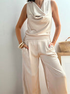 Top Satinado con Escote Drapeado Beige