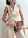Top Satinado con Escote Drapeado Beige