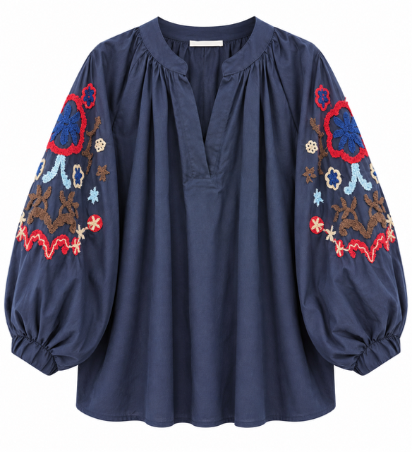 BlusA con mangas bombachas bordadas marino