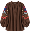 BlusA con mangas bombachas bordadas marrón