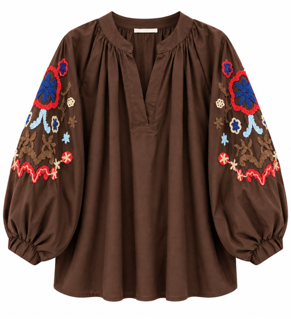 BlusA con mangas bombachas bordadas marrón